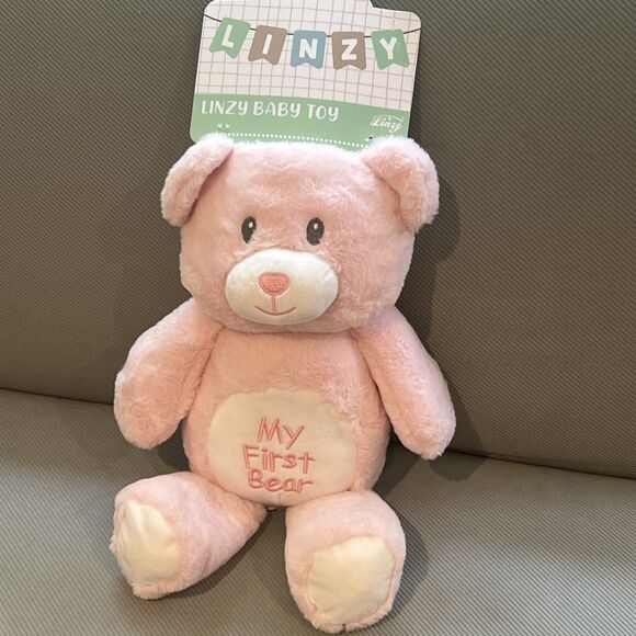 Linzy Baby Pink My First Bear Rattle Plush Toy Embroidered Stuffed Animal 15” - Picture 7 of 13